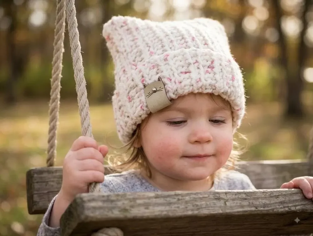 Handmade Toddler Cream Confetti Cat Ear Beanie Crocheted Kitty Ears Knit Hat